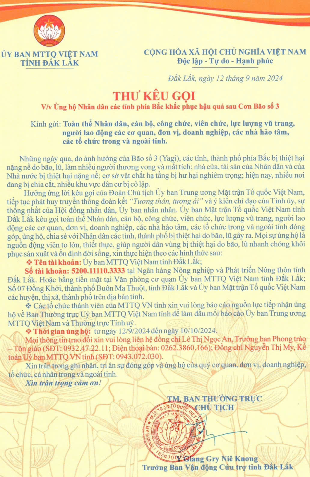 Thư kêu gọi về việc ủng hộ Nhân dân các tỉnh phía Bắc khắc phục hậu quả sau Cơn Bão số 3